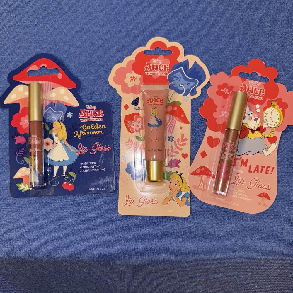 Disney-3 Alice‎ In Wonderland Lip Glosses, NEW, White Rabbit I'm Late, Golden